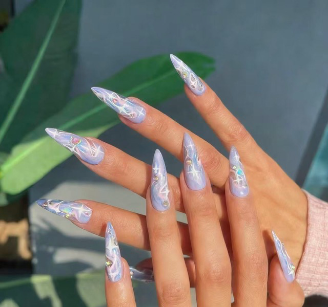 N038 Artistic Purple Glossy Multicolor Brushed Holographic Long T Press-On Nails - Image 3