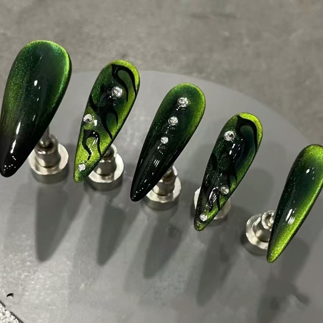 N037 Neon Green Punk Cat Eye Silver Beaded Flame Hand-Painted Long Almond Press-On Nails - Image 2