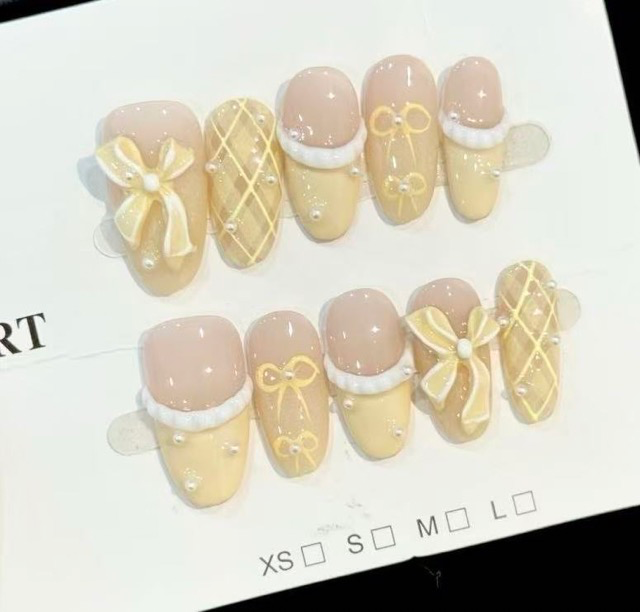 N022 Cute Pastel Yellow Long Coffin Press-On Nails with Bow Details - Image 4