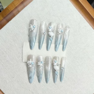 N077 Blue Beach Vacation-Style Glossy Gradient Long Almond Shell Press-On Nails