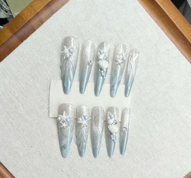 N077 Blue Beach Vacation-Style Glossy Gradient Long Almond Shell Press-On Nails