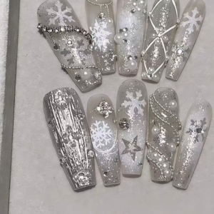 N079 White Cat Eye Long Coffin Crystal Snowflake Brushed Silver Press-On Nails