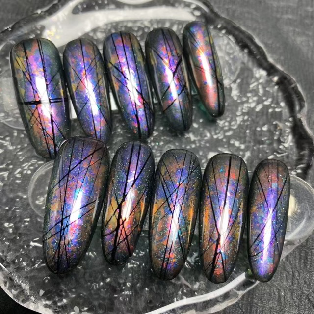 N078 Dark Punk Purple Glossy Hand-Painted Brushed Long Oval Press-On Nails