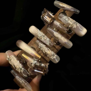 N046 Luxury Light Coffee Brown Hand-Painted Butterfly Embossed Rhinestone Long Square Press-On Nails