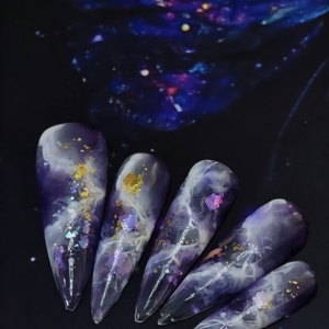 N041 Galaxy Purple Glossy Hand-Painted Ombre Starry Sky Long Almond Press-On Nails
