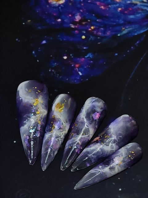N041 Galaxy Purple Glossy Hand-Painted Ombre Starry Sky Long Almond Press-On Nails