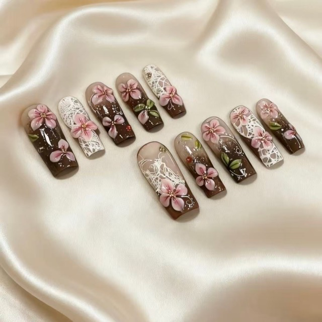 N074 Brown Glossy Lace Texture Embossed Hand-Painted 3D Floral Long Square Press-On Nails