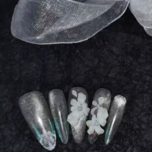 N071 White Transparent Fine Glitter Lace Texture 3D Carved Long Almond Press-On Nails