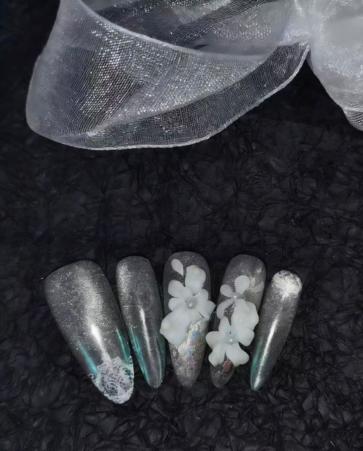 N071 White Transparent Fine Glitter Lace Texture 3D Carved Long Almond Press-On Nails