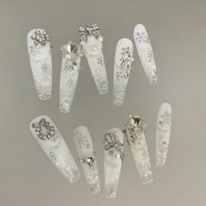 N064 Pure White Sheer Cracked Ice Snowflake Rhinestone Long Square Press-On Nails