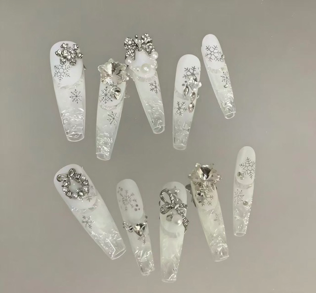 N064 Pure White Sheer Cracked Ice Snowflake Rhinestone Long Square Press-On Nails