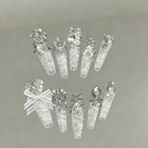 N076 White Icy Transparent Cracked Ice Rhinestone Bow Long Square Press-On Nails
