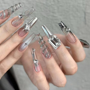 N056 Silver Futuristic Long Coffin Crystal Glitter Brushed Metallic Press-On Nails