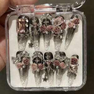 N075 Grey Icy Transparent 3D Rose Rhinestone Long Almond Press-On Nails