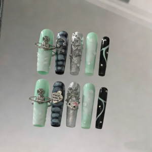 N005 Mint Green Color-Block 3D Water Drop Long Square Press-On Nails