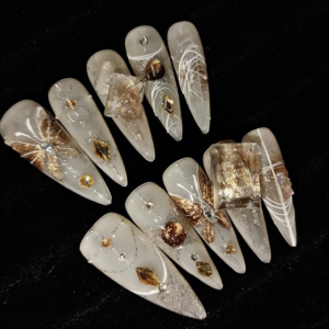 N006 Champagne Gold Sheer Rhinestone Long Stiletto Press-On Nails