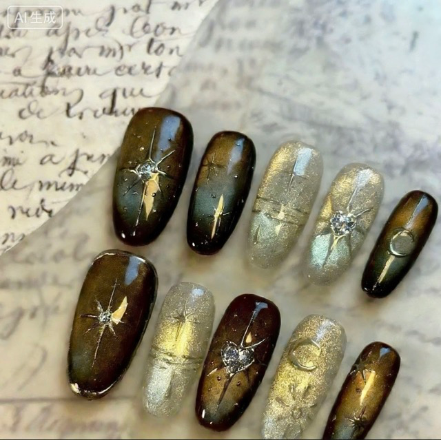 N011 Gold-Brown Transparent Contrast Cat Eye Medium Long Oval Press-On Nails