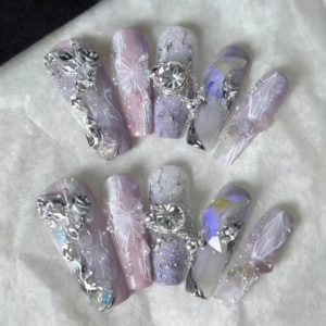 N012 Purple Luxury Rhinestone Micro-Holographic Butterfly Long Square Press-On Nails
