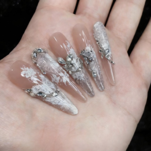 N013 White Sheer Hand-Painted Butterfly Long Almond Press-On Nails