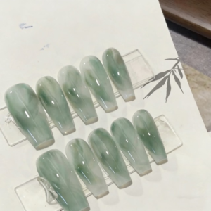 N014 Jade Green Stone-Texture Ombre Medium Long Square Press-On Nails