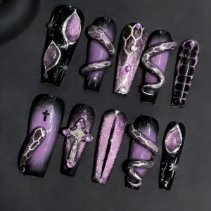 N035 Dark Punk Purple Cat Eye 3D Snake Long Square Press-On Nails
