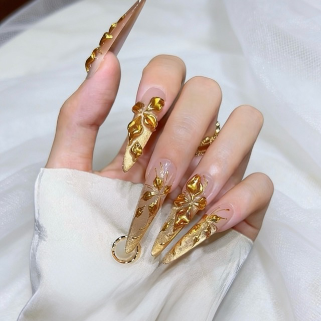 N018 Gold Glitter Crystal Shard 3D Floral Long Almond Press-On Nails