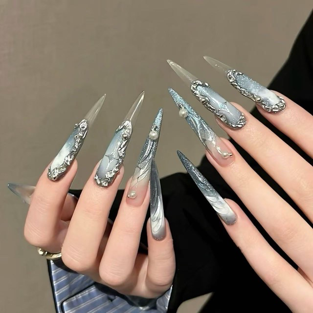 N020 Blue-Grey Metallic Fine Glitter Sculpted Long Stiletto Press-On Nails - Image 3