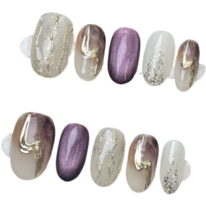 N026 Purple-Brown Color-Block Cat Eye Short Oval Glossy Brushed Gold Press-On Nails with Fine Glitter