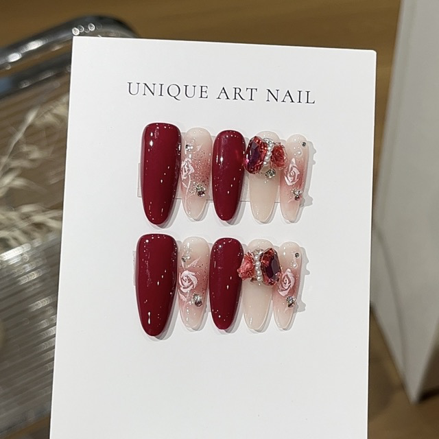 N029 Red Glossy Long Oval Hand-Painted 3D Rose Press-On Nails