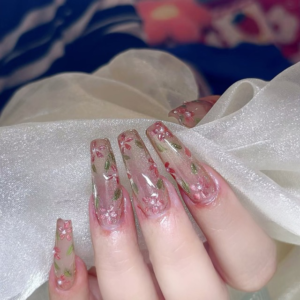 N032 Framed Pink Cat Eye Hand-Painted Floral Long Square Press-On Nails