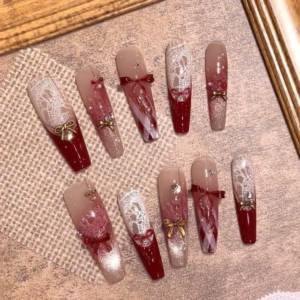 N033 French Red Lace Bow Color-Block Long Square Press-On Nails