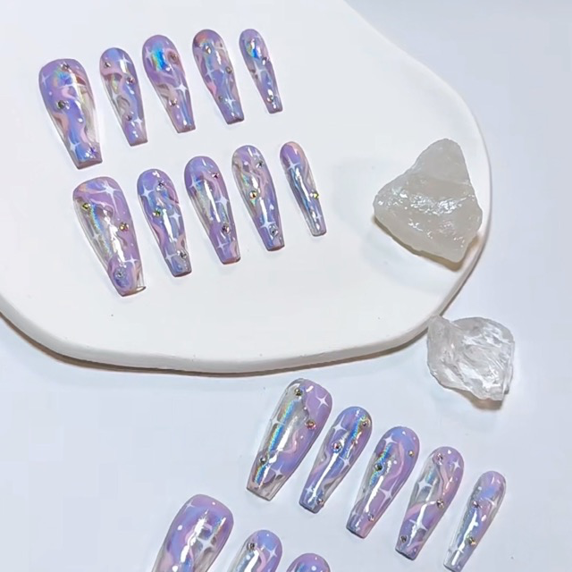 N038 Artistic Purple Glossy Multicolor Brushed Holographic Long T Press-On Nails