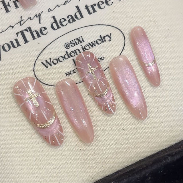 N040 Pink Cat Eye Soft Glam Long Coffin Hand-Painted Press-On Nails - Image 2