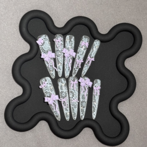 N042 Pure White Lace Pink Ribbon Bow Long Almond Press-On Nails