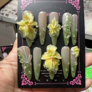 N043 Yellow-Green Contrast 3D Water Drop Floral Long Almond Press-On Nails