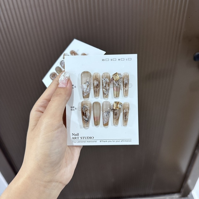 N046 Luxury Light Coffee Brown Hand-Painted Butterfly Embossed Rhinestone Long Square Press-On Nails - Image 2