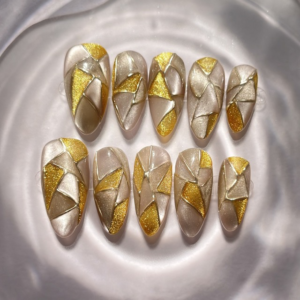 N048 Geometric Gold & Beige Color-Block Cat Eye Faceted Medium Almond Press-On Nails