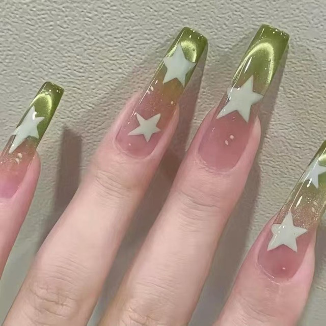 N050 Green Cat Eye Gradient Hand-Painted Star Long Square Press-On Nails