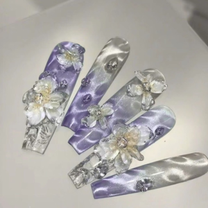 N049 Purple Icy Transparent Ripple-Effect Long Coffin 3D Carved Press-On Nails
