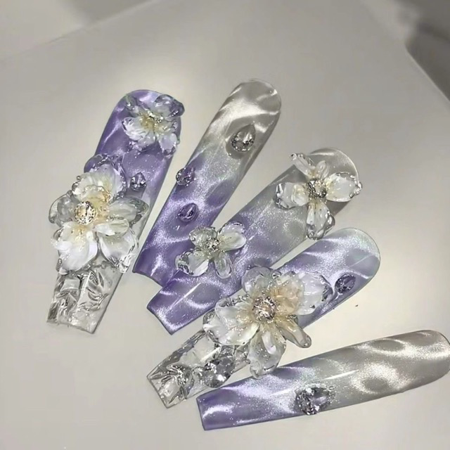 N049 Purple Icy Transparent Ripple-Effect Long Coffin 3D Carved Press-On Nails