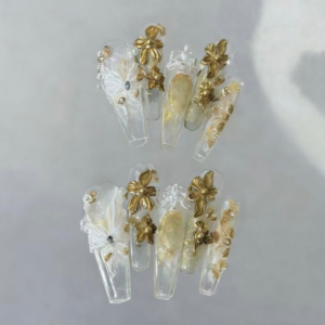 N054 Luxury Gold Sheer Pearl 3D Carved Long Square Press-On Nails