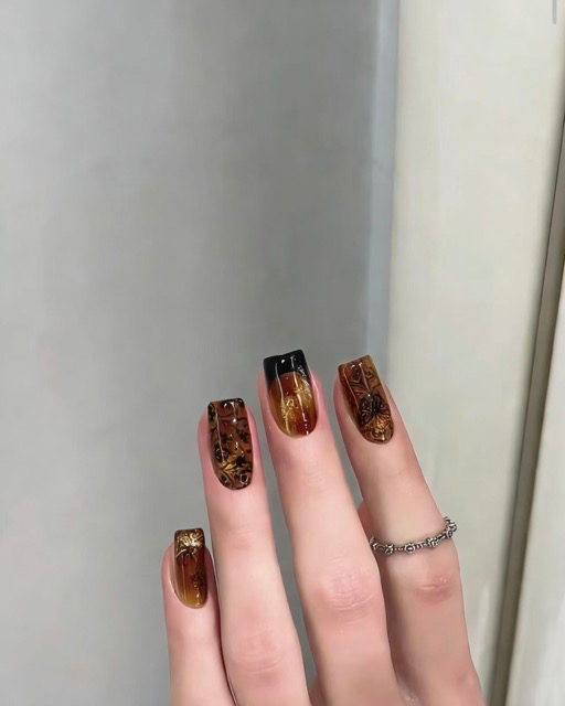 N003 Brown Cat Eye Butterfly Gold Accented Medium Square Press-On Nails - Image 4