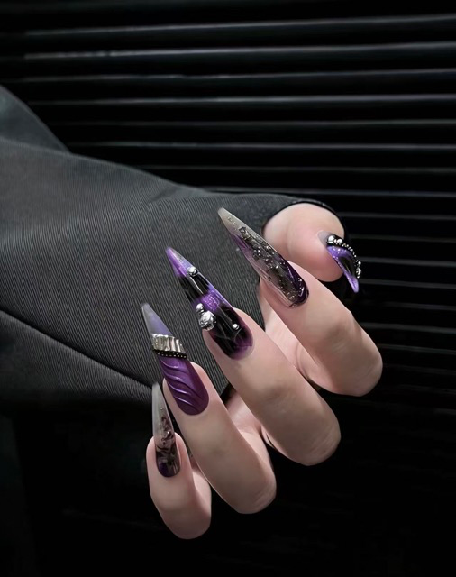 N055 Dark Punk Black Purple Rhinestone Sculpted Long Almond Press-On Nails - Image 2