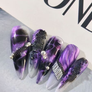 N055 Dark Punk Black Purple Rhinestone Sculpted Long Almond Press-On Nails