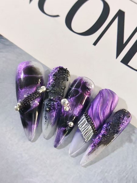 N055 Dark Punk Black Purple Rhinestone Sculpted Long Almond Press-On Nails