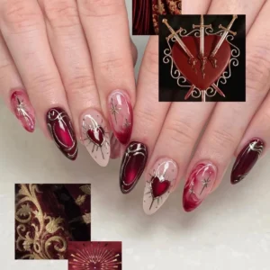 N072 Red Baroque Glossy Almond Hand-Painted Heart Press-On Nails
