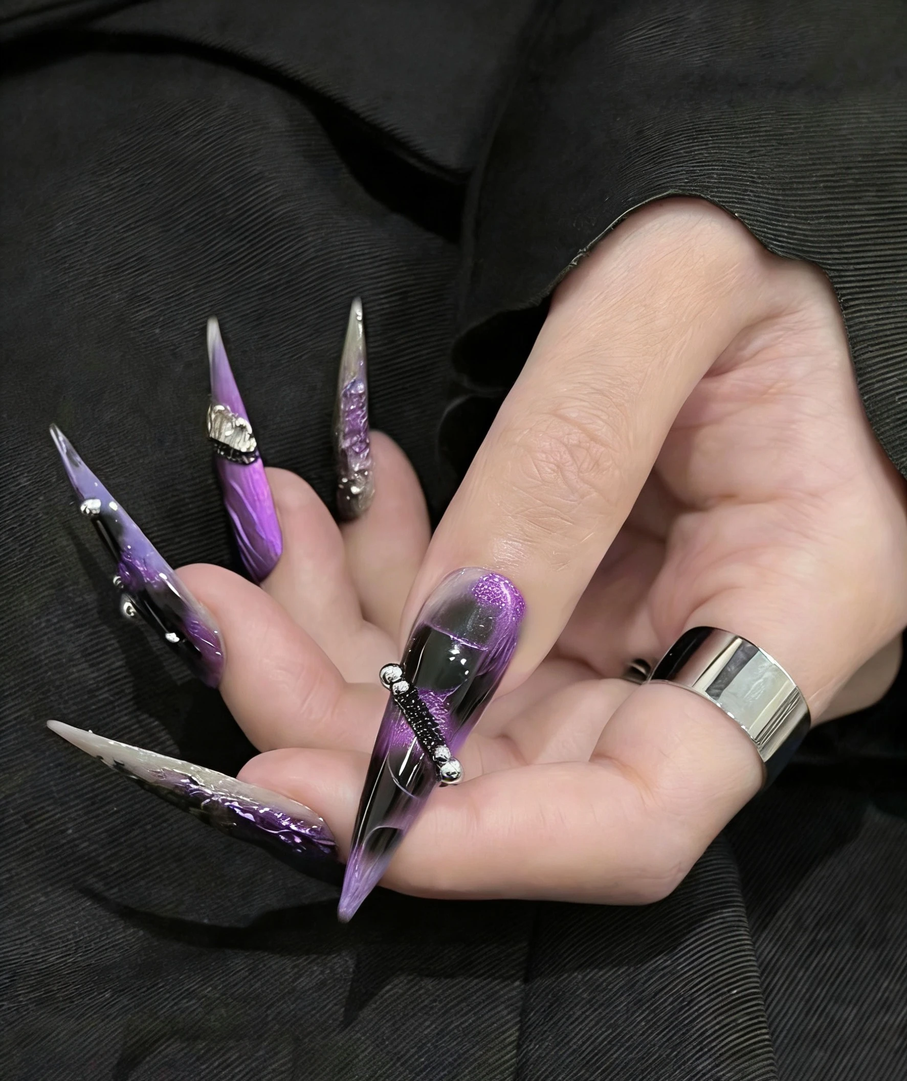N055 Dark Punk Black Purple Rhinestone Sculpted Long Almond Press-On Nails - Image 3