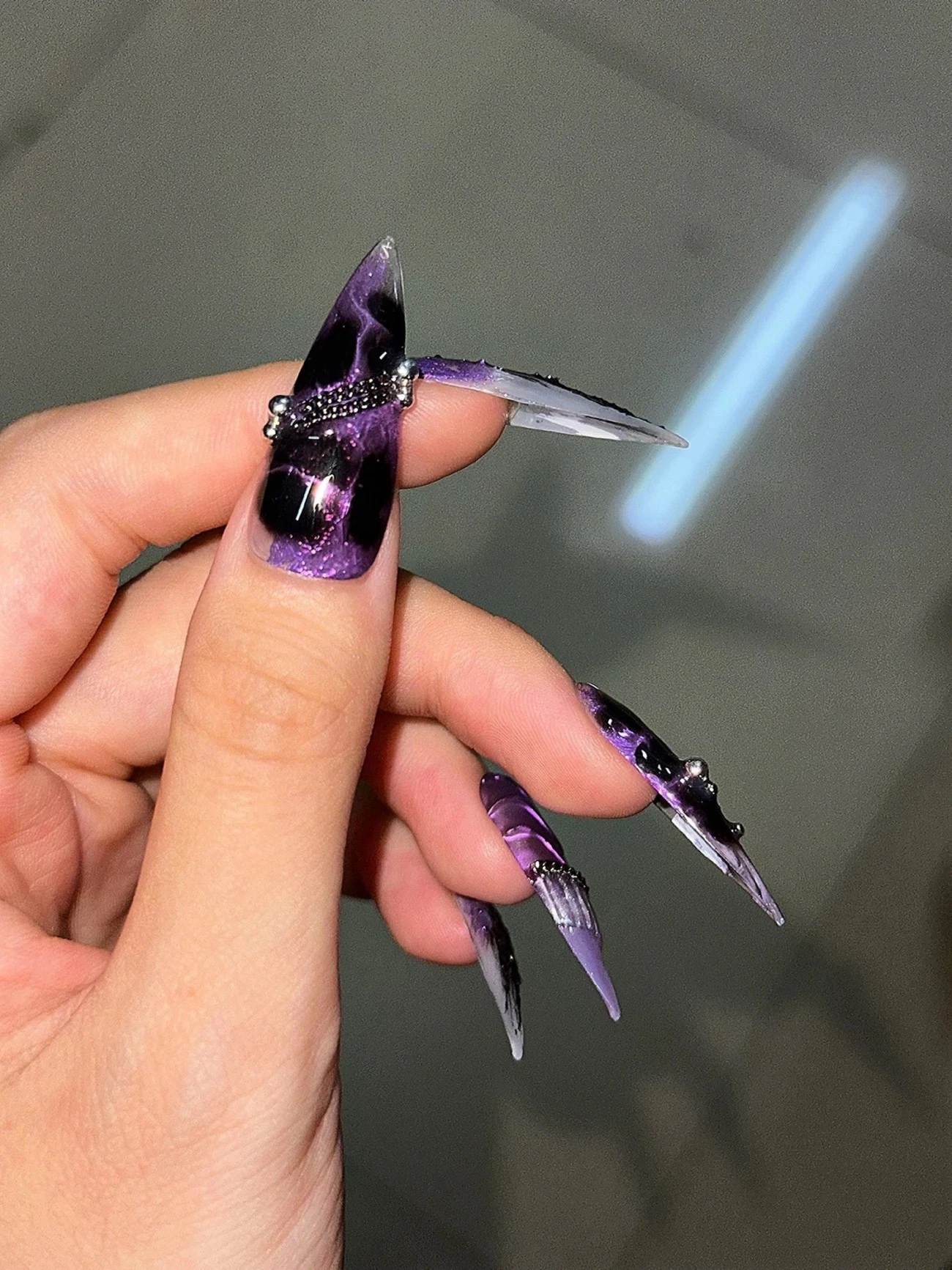 N055 Dark Punk Black Purple Rhinestone Sculpted Long Almond Press-On Nails - Image 5