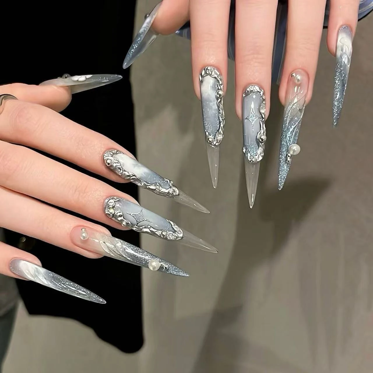 N020 Blue-Grey Metallic Fine Glitter Sculpted Long Stiletto Press-On Nails - Image 2