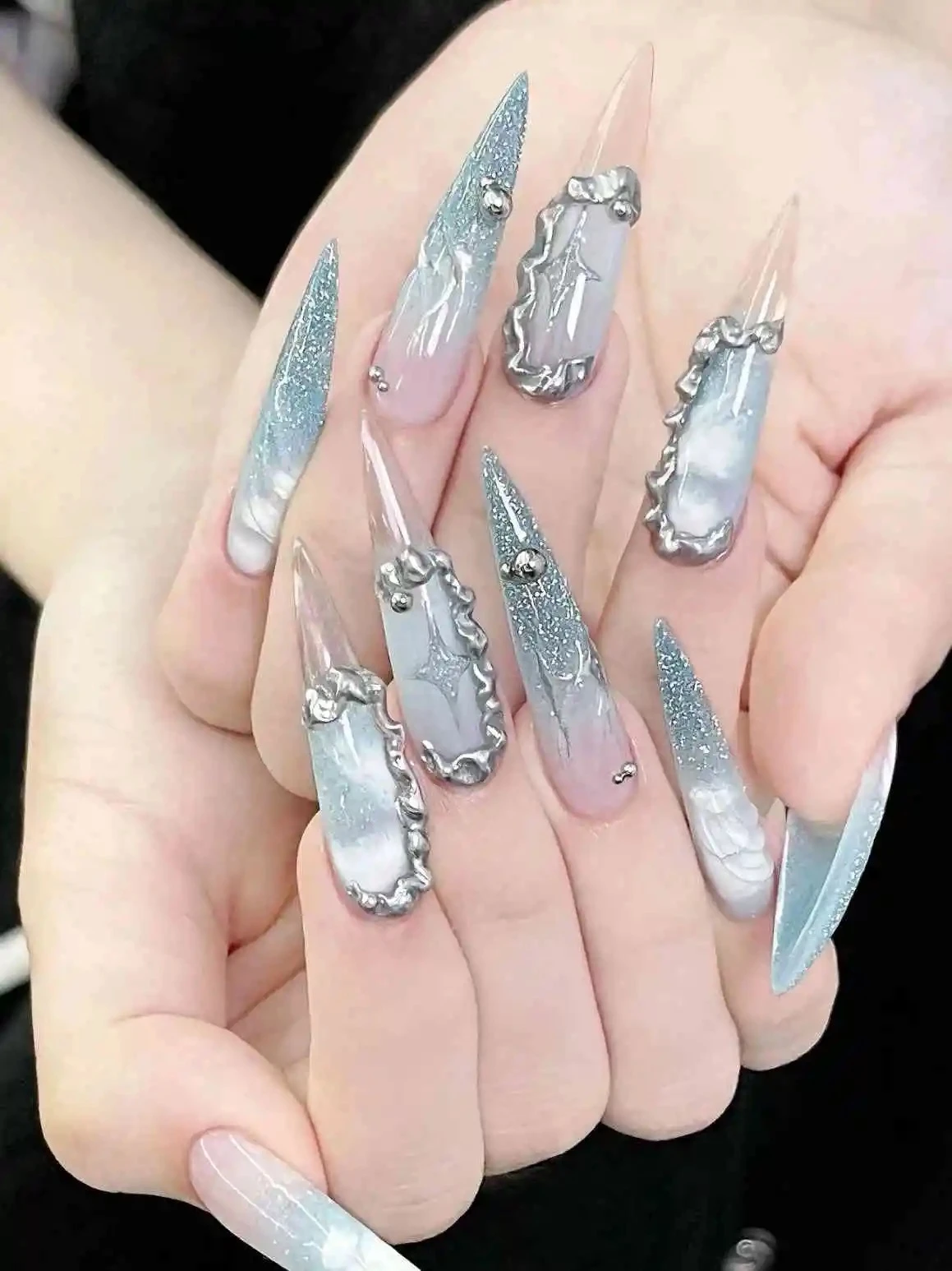 N020 Blue-Grey Metallic Fine Glitter Sculpted Long Stiletto Press-On Nails - Image 5